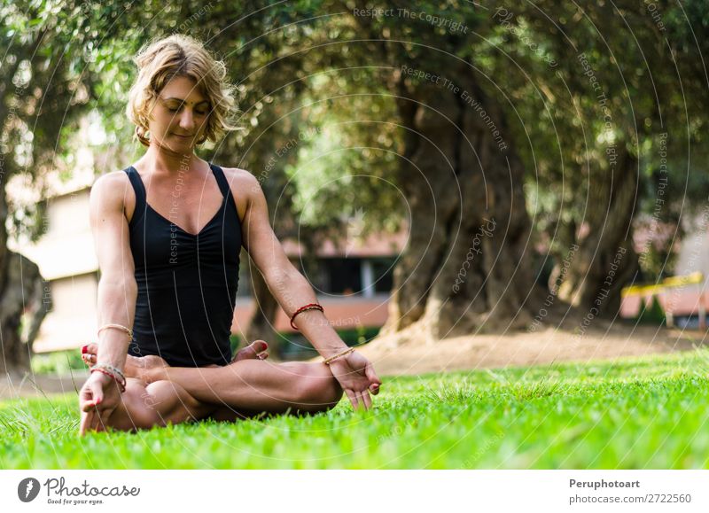 Meditierende und praktizierende Frau Yoga, Padmasana. Lifestyle schön Körper Wellness Leben harmonisch Erholung Meditation Erwachsene Natur Park Fitness sitzen