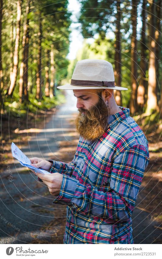 Mann, der auf der Straße im Wald unterwegs ist. Tourist Natur Navigation PDA Sonnenstrahlen benutzend Browsen bärtig grün Ferien & Urlaub & Reisen Abenteuer