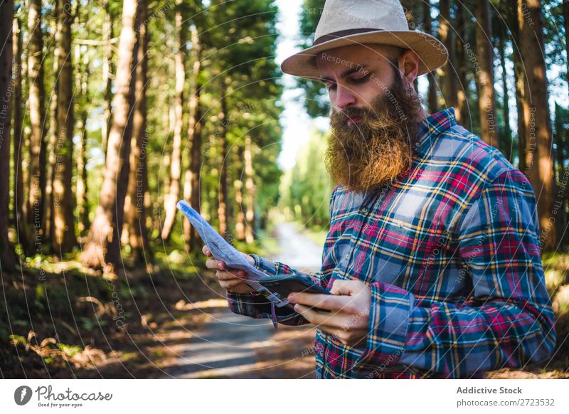 Mann, der auf der Straße im Wald unterwegs ist. Tourist Natur Navigation PDA Sonnenstrahlen benutzend Browsen bärtig grün Ferien & Urlaub & Reisen Abenteuer