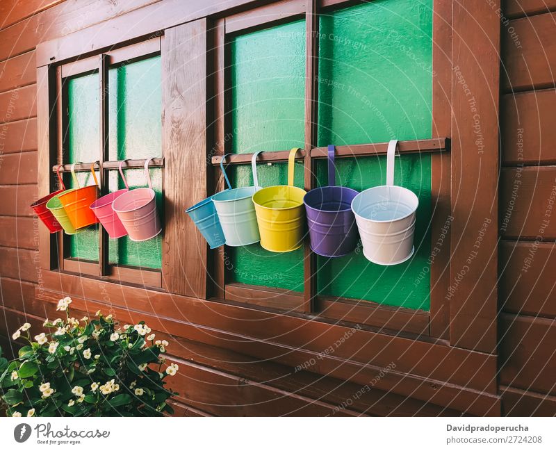 Holzkabinenfenster bunte Pflanztöpfe Fenster Hütte Blumentöpfe Metall Topf mehrfarbig Farbe Pflanze Reihe Wand rustikal alt Antiquität Antike