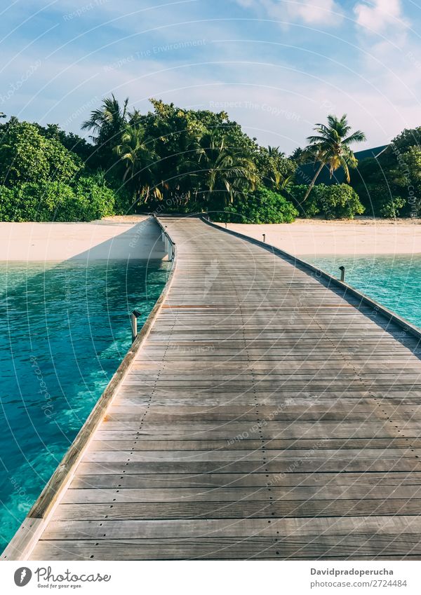 Malediven Insel Luxusresort Holzpier Strand Anlegestelle Ferien & Urlaub & Reisen Meer Lagune Sand Idylle Reichtum Landschaft Küste tropisch Paradies exotisch