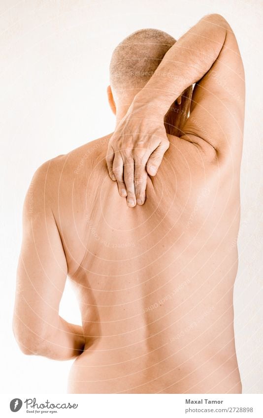 Mann leidet an Brustwirbelschmerzen Körper Gesundheitswesen Krankheit Medikament Massage Mensch Erwachsene Hand muskulös Schmerz Stress Neuralgie Schmerzen