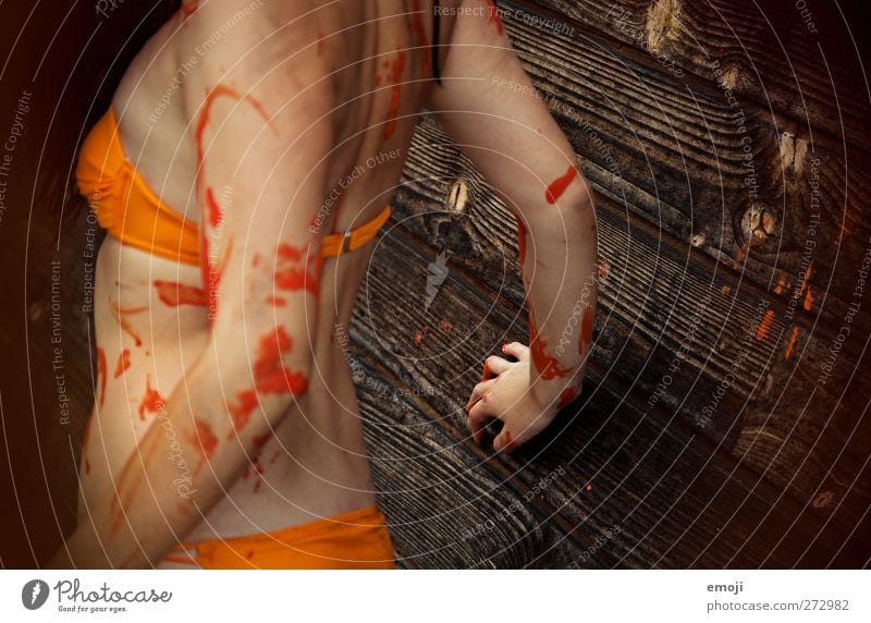 bodypainting feminin Junge Frau Jugendliche 1 Mensch Kunst Künstler Maler Veranstaltung Show Bikini orange Körpermalerei Nackte Haut Farbfoto Außenaufnahme Tag