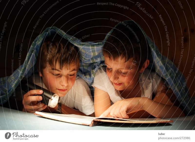 Gute Nachtgeschichte Bildung lernen Schüler Mensch Kind 2 8-13 Jahre Kindheit Buch lesen Neugier Taschenlampe schlafen Freundschaft Farbfoto Textfreiraum oben