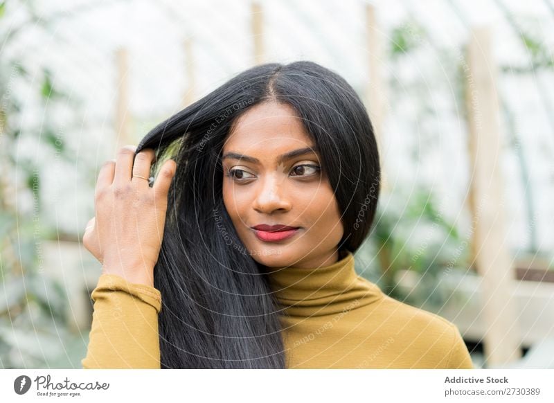 Hübsche indische ethnische Frau im Treibhaus hübsch Gewächshaus Natur grün Stil Blick in die Kamera urwüchsig Pflanze Gärtner schön Jugendliche Garten Lifestyle