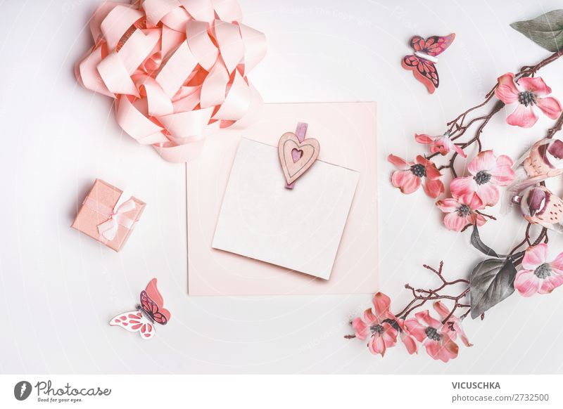 Grußkarte mit Blumen Design Feste & Feiern Valentinstag Muttertag Hochzeit Geburtstag feminin Dekoration & Verzierung Blumenstrauß Schleife Herz Liebe rosa