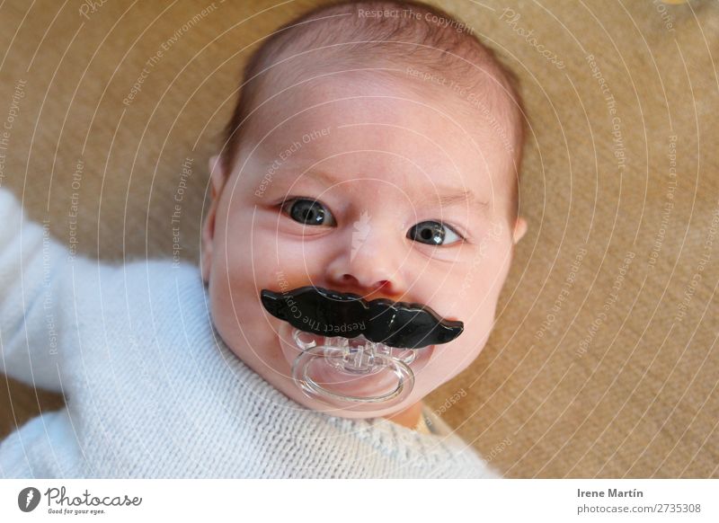 Baby mit großem Schnurrbart Kindererziehung Mensch feminin Kleinkind Mädchen Kindheit Gesicht Auge 1 0-12 Monate kurzhaarig Oberlippenbart Spielzeug beobachten