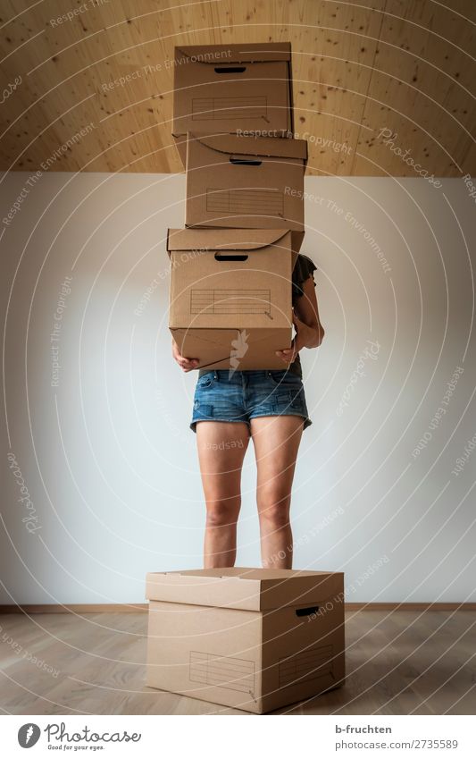 Umzugkartons, Frau mit Kartons Wohnung Haus Traumhaus Umzug (Wohnungswechsel) einrichten Raum Erwachsene Hand Beine 1 Mensch Verpackung