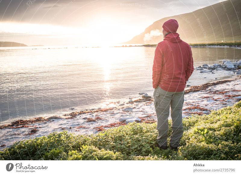 Mitternachtssonne und Fernweh Abenteuer Ferne Sonne Strand Meer Junger Mann Jugendliche Natur Bucht Polarmeer Norwegen Erholung genießen fantastisch Stimmung