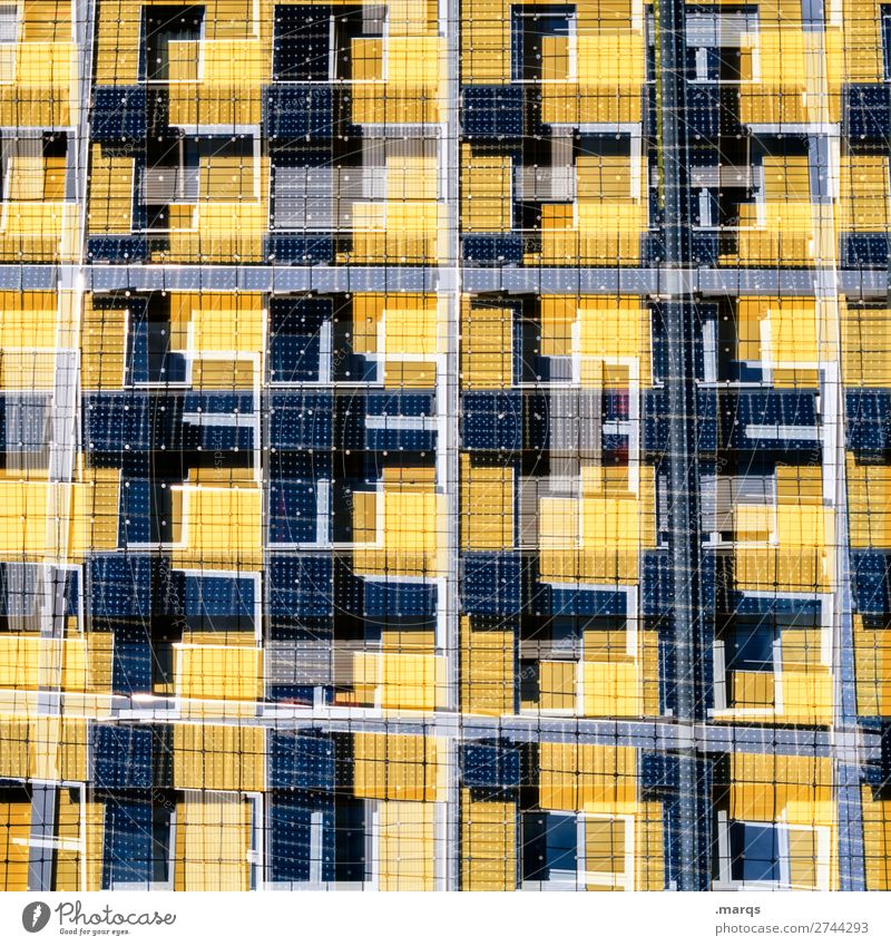 Solar Stil Design Fassade Solarzelle Energiewirtschaft Linie außergewöhnlich einzigartig modern blau gelb weiß nachhaltig Ordnung Zukunft Doppelbelichtung