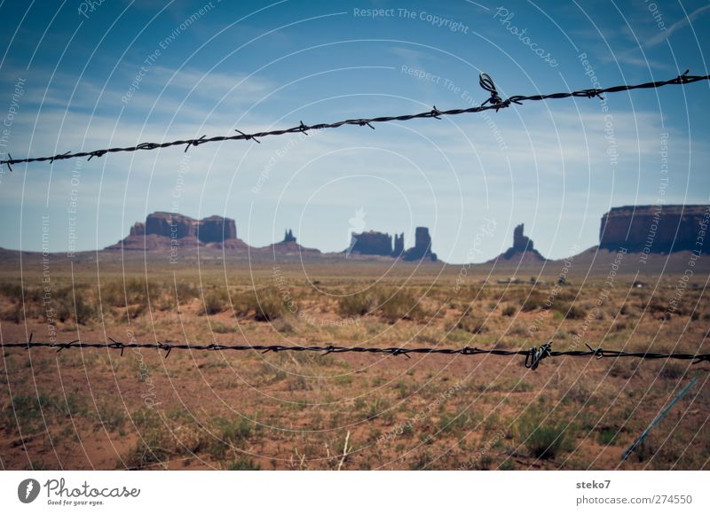 reservat Wolkenloser Himmel Schönes Wetter Sträucher Felsen Wüste Ferne stachelig blau braun Einsamkeit Horizont Verbote Monument Valley Stacheldrahtzaun