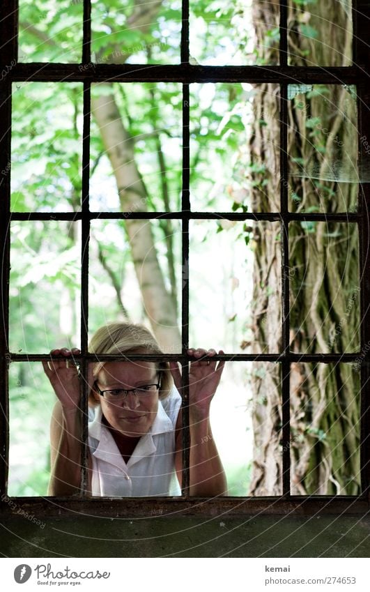 AST5 | Blick hinein Mensch feminin Frau Erwachsene Leben Kopf Arme Hand 1 45-60 Jahre Umwelt Natur Pflanze Baum Fenster Fensterrahmen blond Lächeln warten