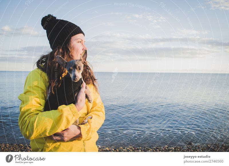 Frau mit ihrem kleinen Hund am Strand im Winter Lifestyle Erholung Ausflug Freiheit Sonne 30-45 Jahre Erwachsene Natur Tier Horizont Küste Jacke Mantel Hut