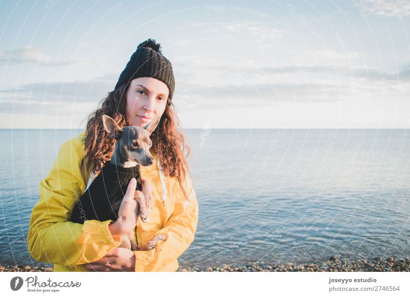 Frau mit ihrem kleinen Hund am Strand Lifestyle Erholung Ausflug Freiheit Sonne Winter Freundschaft 30-45 Jahre Erwachsene Natur Tier Horizont Küste Jacke