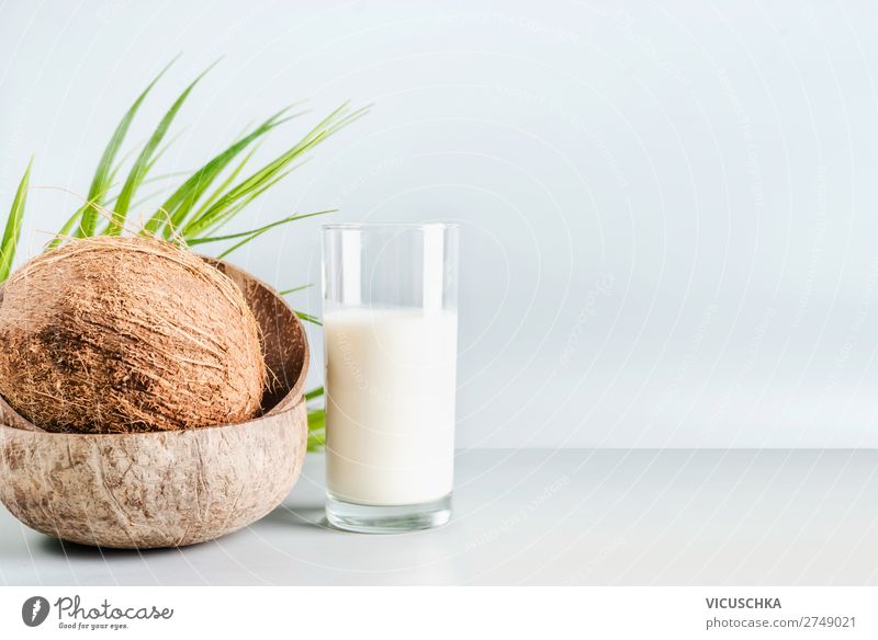 Kokosmilch im Glas mit ganzem Kokosnuss Lebensmittel Ernährung Bioprodukte Vegetarische Ernährung Diät Getränk Milch kaufen Gesundheit Gesunde Ernährung Design