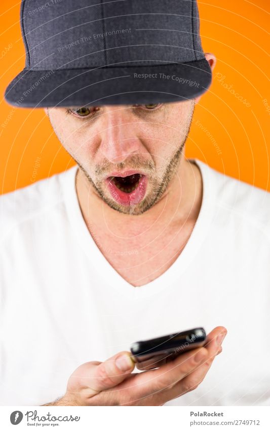 #S# OMG Handy Mensch maskulin Junger Mann Jugendliche ästhetisch Mütze PDA orange T-Shirt erstaunt Überraschung überrumpeln oh! Mund Gesichtsausdruck Bart