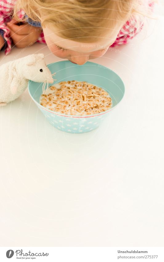 Frühstück zu zweit Lebensmittel Müsli Zerealien Ernährung Essen Milch Schalen & Schüsseln Freude Häusliches Leben Wohnung Mensch Kind Mädchen Kindheit Kopf 1