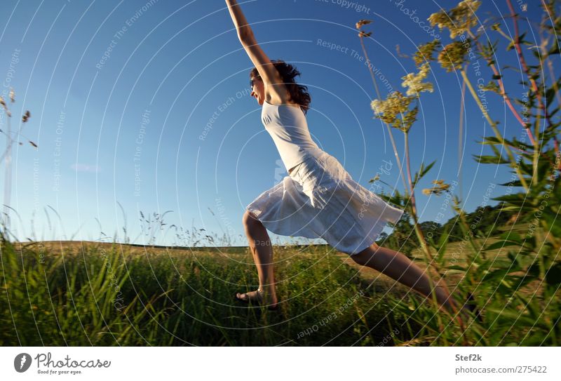 big jump feminin Frau Erwachsene Natur Wolkenloser Himmel Gras Rock Sonnenbrille Flipflops langhaarig atmen rennen Erholung Fitness springen frei Gesundheit
