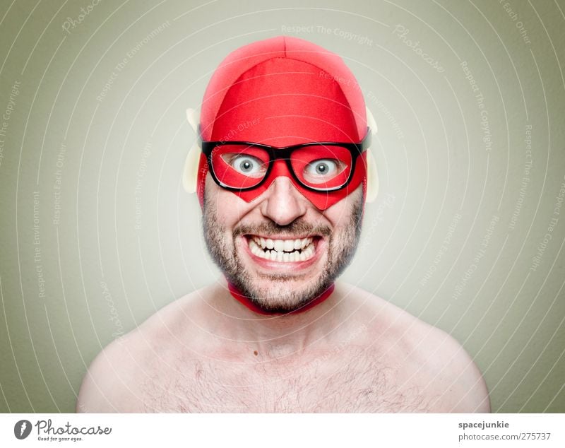 Superhero Mensch maskulin Junger Mann Jugendliche Erwachsene 1 30-45 Jahre beobachten Lächeln rot Held Brille Brillenträger Freak verrückt skurril Humor lustig