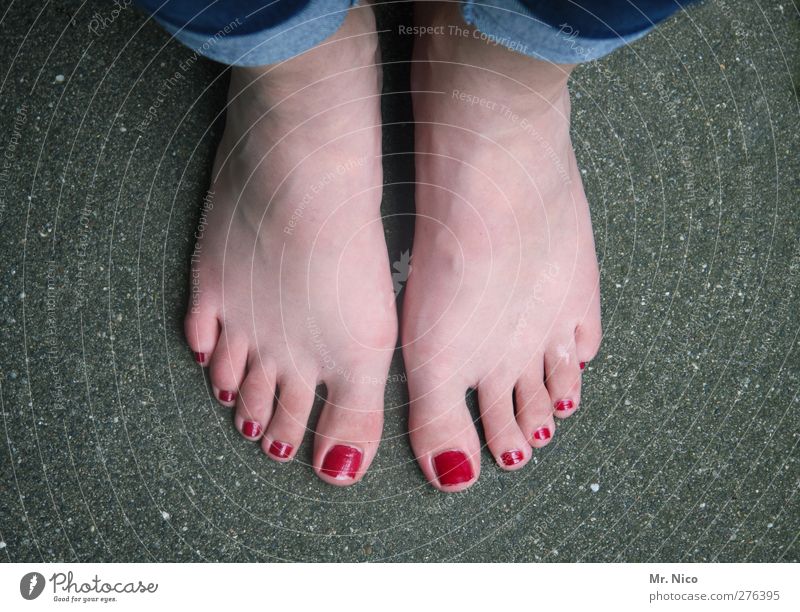lackiert Körperpflege Pediküre Nagellack feminin Haut Fuß stehen warten rot Barfuß Zehen stillgestanden stylen Geruch Beine Perspektive Standort abstrakt