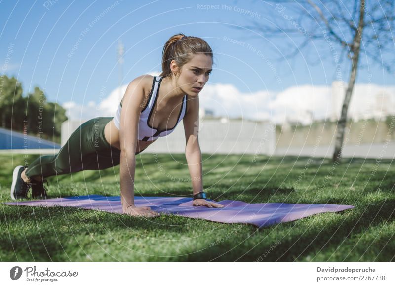 fit gesunde Frau, die gerne Sport treibt und trainiert. Lifestyle schön Körper Wellness Erholung Meditation Yoga Mensch Erwachsene Natur Wärme Park brünett