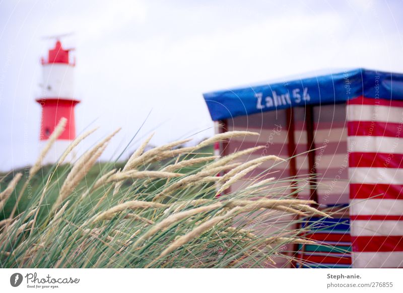 Dünen Ferien & Urlaub & Reisen Natur Sand Himmel Wolken Gras Dünengras Strand Nordsee Turm Leuchtturm außergewöhnlich natürlich trist blau grün rot demütig