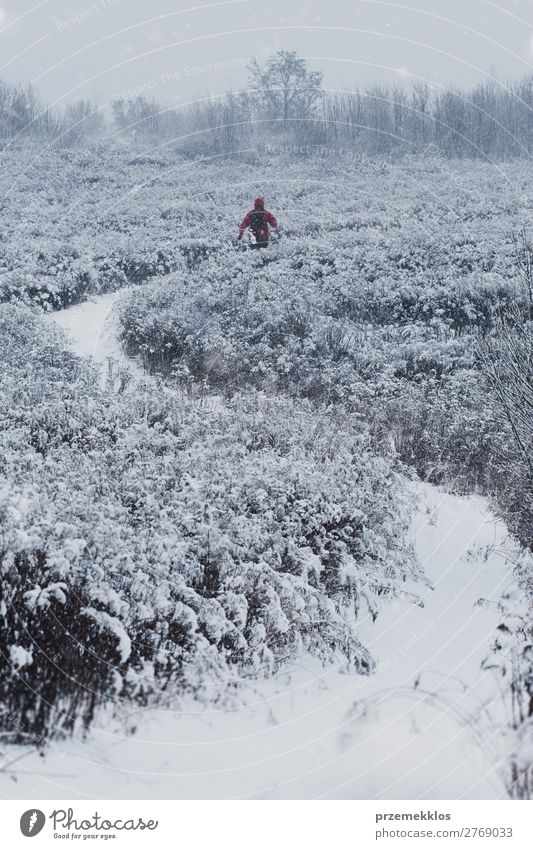 Mann joggt bei starkem Schneefall über den Wiesenweg. Lifestyle Erholung Freizeit & Hobby Winter Sport Joggen Mensch Junge Erwachsene Natur Landschaft Wetter