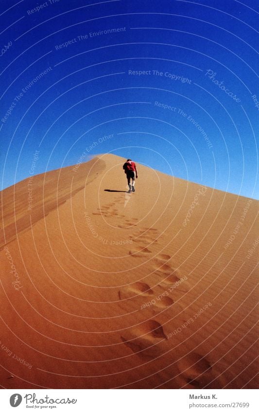 Aufstieg aufsteigen heiß Physik trocken rot Namibia Afrika maskulin Mann München anstrengen beschwerlich Wärme Durst blau Stranddüne Wüste Mensch Wege & Pfade