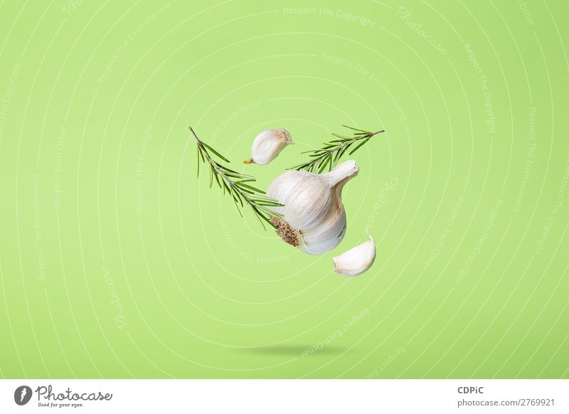 Fliegender Rosmarin und Knoblauch auf grünem Hintergrund Abstrakte Lebensmittel Design abstrakt Hintergrundbild schön Nahaufnahme Farbe Fitness fliegen