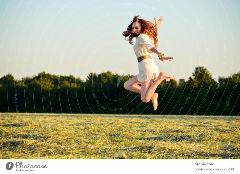 Akrobatik feminin Junge Frau Jugendliche Wolkenloser Himmel Sommer Schönes Wetter Baum Wiese Kleid Gürtel Barfuß brünett rothaarig genießen springen sportlich