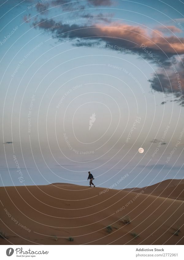 Anonyme Person, die in der Wüste spazieren geht. Mensch abgelegen Reisender Sand Tourismus Mond laufen Abenteuer Silhouette Tourist Landschaft Natur
