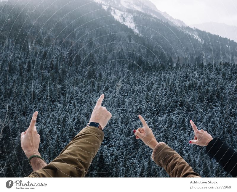 Schneiden Sie die Hände, die auf Berge zeigen. Mensch Berge u. Gebirge Reisende Körperhaltung wegweisend Entdecker Schnee Wald Freiheit Demonstration Abenteuer