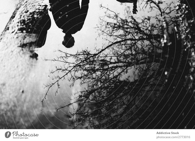 Menschen und Baum gespiegelt in einer Pfütze Entwurf Schwarzweißfoto Spiegel Silhouette Wasser laufen Asphalt Etage Beton Aktion Regen Stimmung Wetter