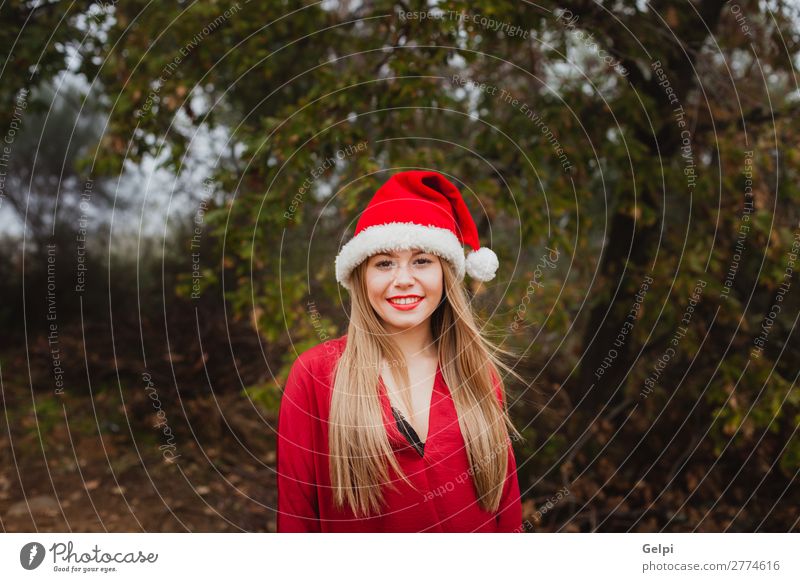 Junge Frau mit Weihnachtshut im Wald Lifestyle Freude Glück schön Gesicht ruhig Winter Weihnachten & Advent Mensch Erwachsene Lippen Natur Nebel Baum Park Mode