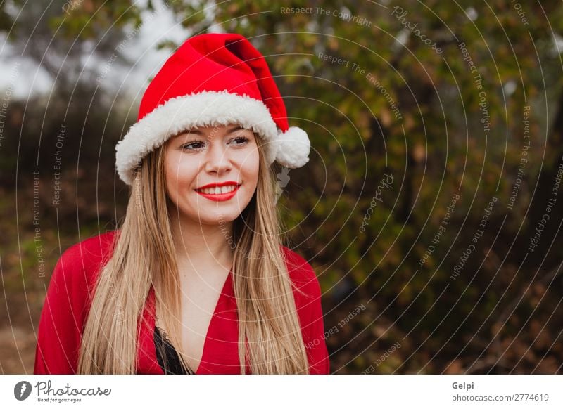 Junge Frau mit Weihnachtshut im Wald Lifestyle Freude Glück schön Gesicht ruhig Winter Weihnachten & Advent Mensch Erwachsene Lippen Natur Nebel Baum Park Mode