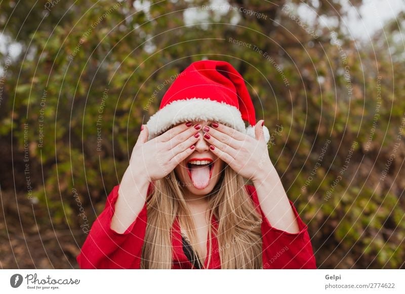 Junge Frau mit Weihnachtshut im Wald Lifestyle Freude Glück schön Gesicht Winter Weihnachten & Advent Mensch Erwachsene Lippen Natur Nebel Park Mode Hut blond