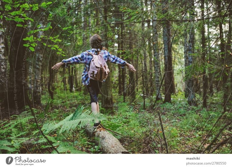 fröhliches Kind Mädchen erkundet den Sommerwald Lifestyle Glück Spielen Ferien & Urlaub & Reisen Abenteuer Freiheit Expedition wandern Kindheit Natur Pflanze