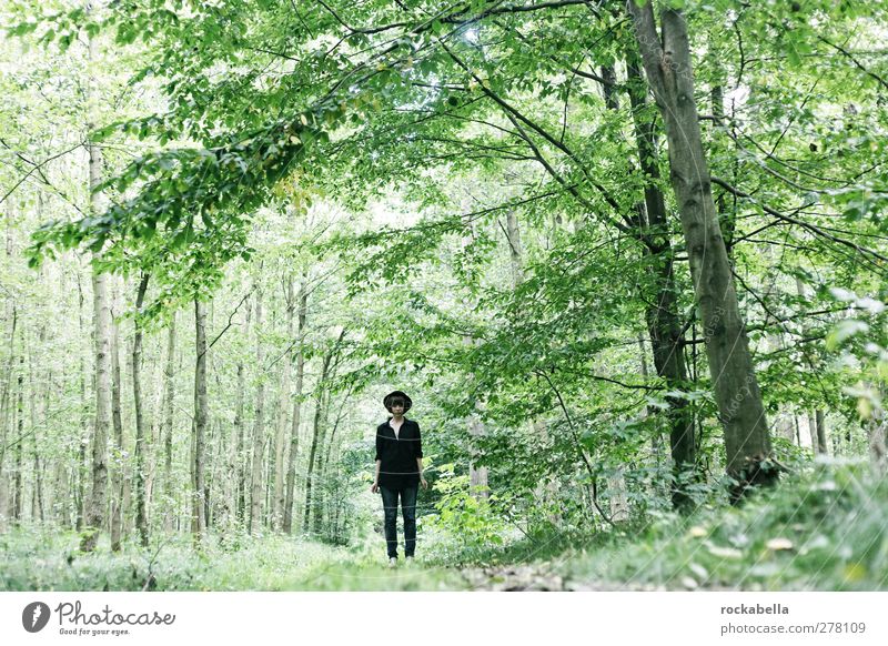 Frau im Wald feminin Erwachsene 1 Mensch 18-30 Jahre Jugendliche Hut elegant Einsamkeit grün Natur Farbfoto Außenaufnahme Bewegungsunschärfe Ganzkörperaufnahme