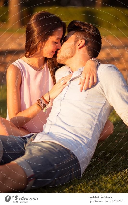 Küssendes Paar auf dem Rasen Porträt Sonnenlicht Abend Park Angebot Liebe Vollbart sitzen Umarmen hell Gras Zuneigung vertikal Sonnenuntergang