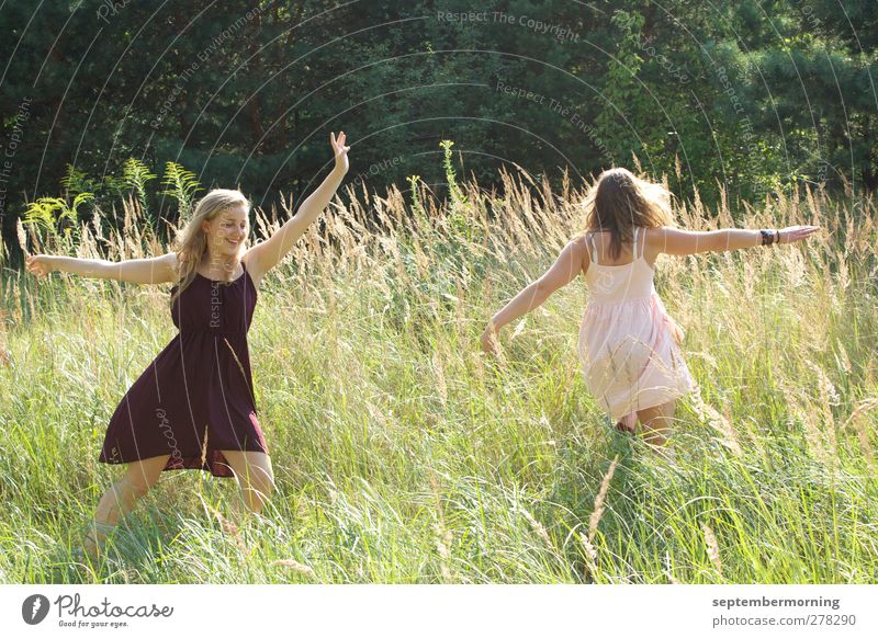 Ein Gefühl von Sommer II feminin Jugendliche 2 Mensch 18-30 Jahre Erwachsene Natur Wiese Kleid brünett blond Tanzen Fröhlichkeit frisch natürlich Freundschaft