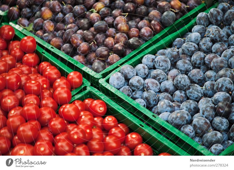 Im Vorbeigehen Lebensmittel Gemüse Frucht Bioprodukte Vegetarische Ernährung Fasten Gesunde Ernährung blau grün rot kaufen rein Werbung Pflaume Tomate Markt