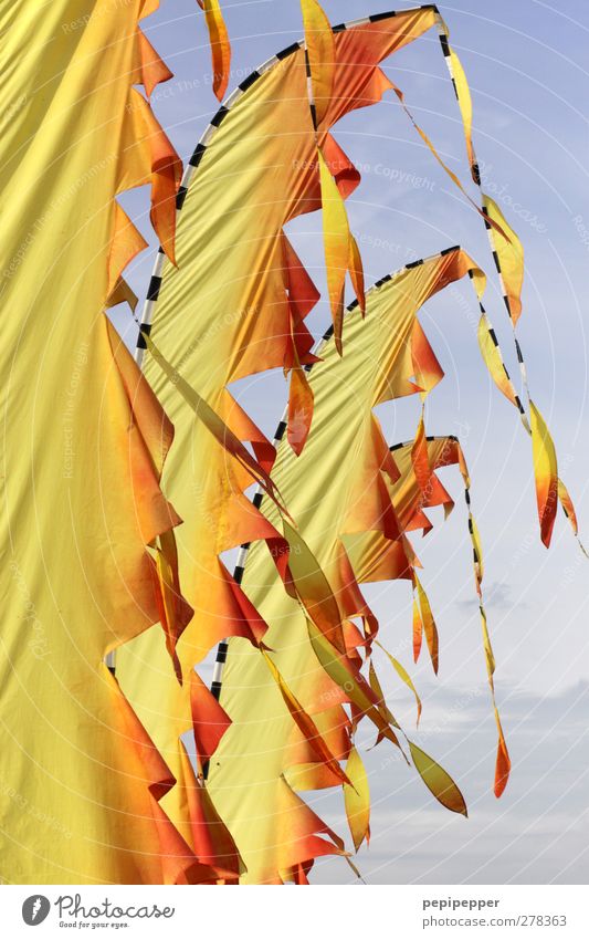der himmel brennt Fahne Bewegung hängen gelb orange Farbfoto Außenaufnahme Menschenleer Tag wehen Vor hellem Hintergrund