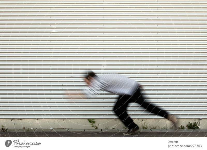 Blitzstart Mensch Fassade rennen Geschwindigkeit Farbfoto Außenaufnahme Hintergrund neutral Bewegungsunschärfe Eile Textfreiraum oben 1 Mensch einzeln