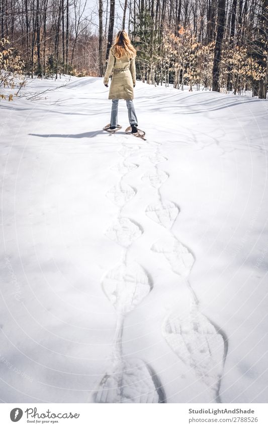 Junge Frau in Schneeschuhen wandert im Winterwald Lifestyle Erholung Freizeit & Hobby Abenteuer wandern Sport Mensch Erwachsene Wald Wege & Pfade Mantel Fährte