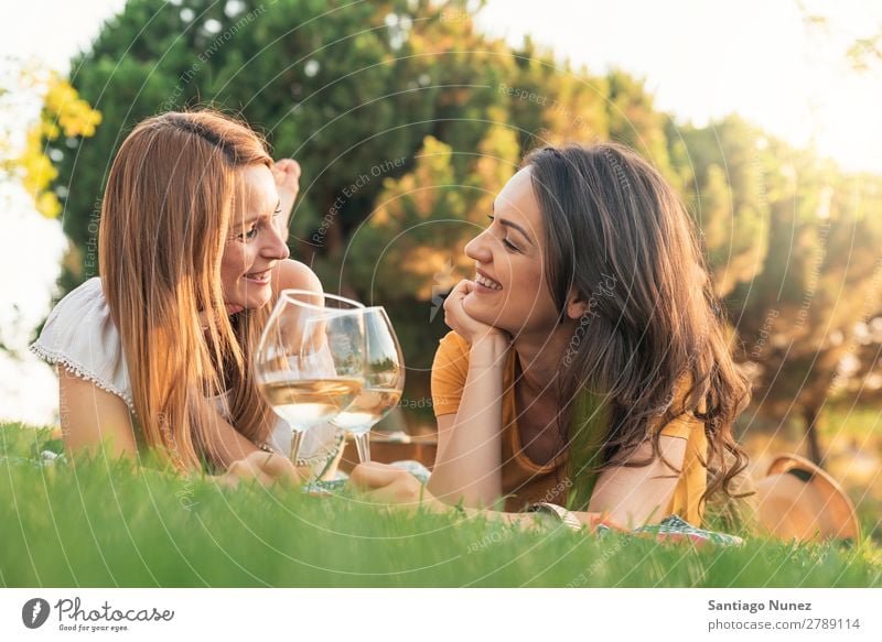 Schöne Frauen, die im Park Wein trinken. Picknick Freundschaft Jugendliche Glück Glas Gitarre Gitarrenspieler Sommer Mensch Freude Musik Erwachsene Mädchen