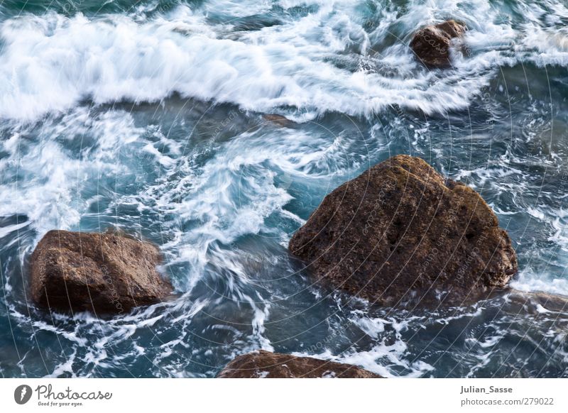 Wirbel Umwelt Wasser Sonnenaufgang Sonnenuntergang Sommer Wellen Küste Riff Meer Insel nass Gran Canaria Felsen Schaum Gischt blau unruhig Aktion wild Stein