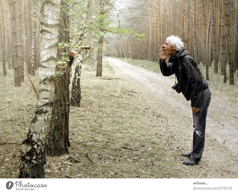 Wie man in den Wald hinein ruft so schallt es heraus Mann stehen rufen schreien Kommunizieren weißhaarig Ausflug Waldweg Senior Trompete sprechen Sprichwort