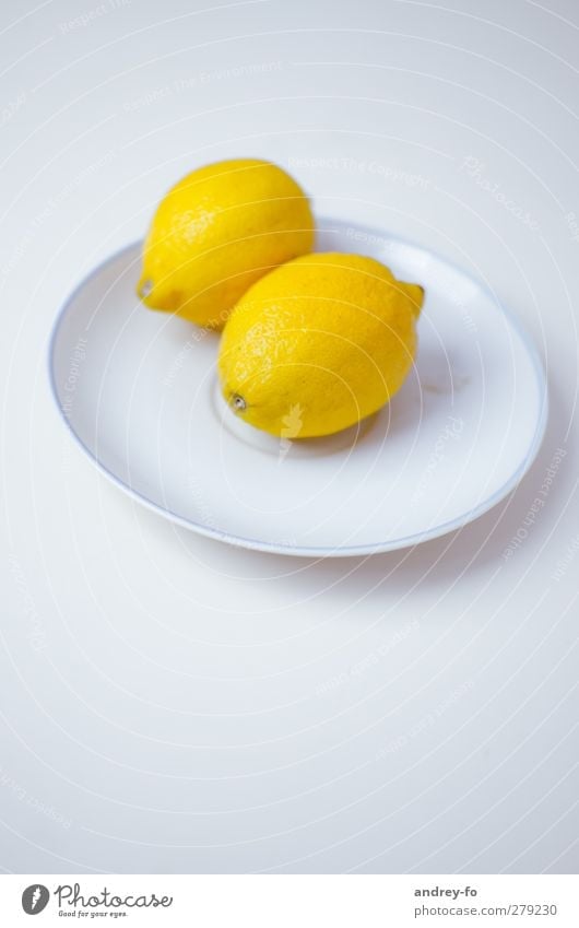 Zwei Zitronen. Leben sauer gelb Zitrusfrüchte Teller liegen Foodfotografie Essen minimalistisch lecker frisch Bioprodukte 2 Tellerrand hell rund