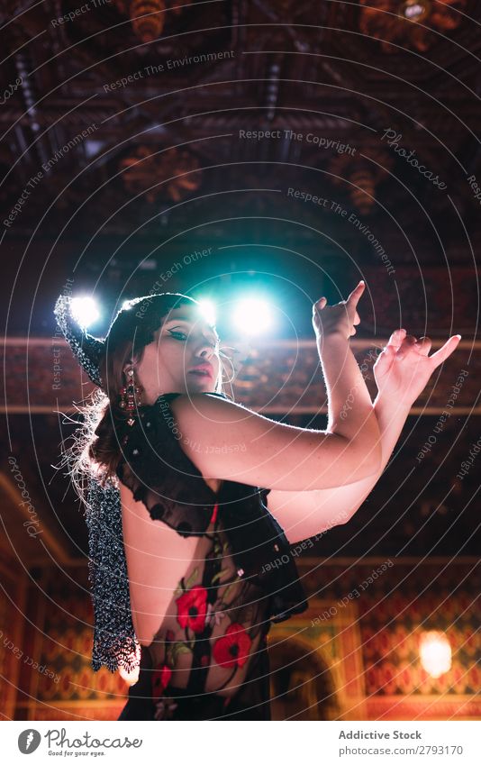 Frau im Kleid tanzt Flamenco in der Szene Flamencotänzer Tanzen Show Reichtum Mosaik Raum Stuhl Design Dame schön Möbel Schminke Innenarchitektur Tradition