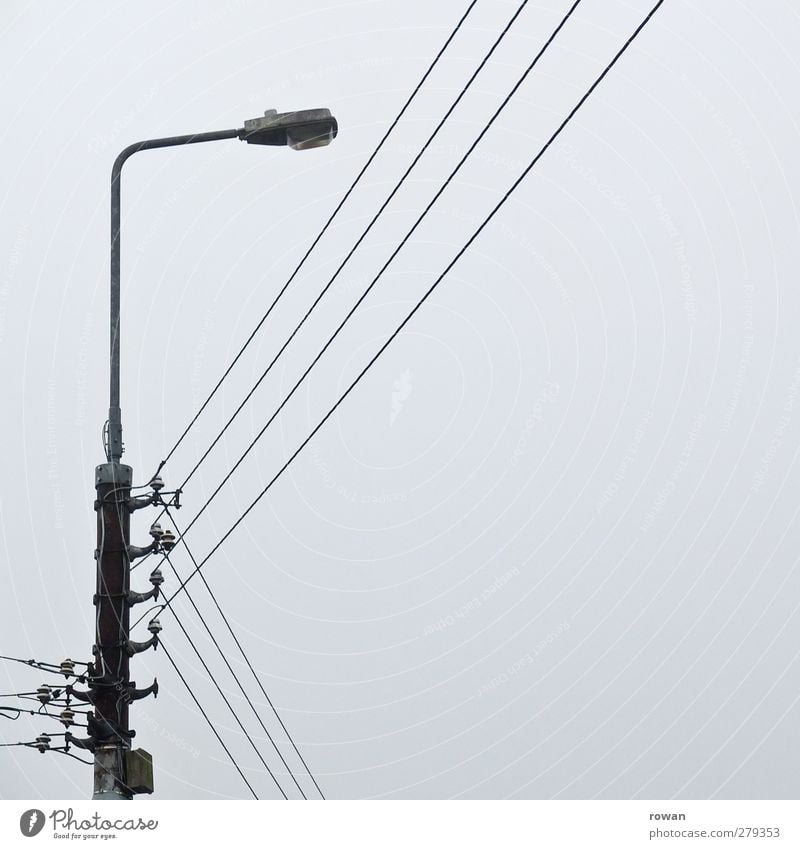 verkabelt Energiewirtschaft kalt Elektrizität Strommast Kabel Straßenbeleuchtung grau Linie parallel Stromtransport Stromverbrauch verbinden Netz